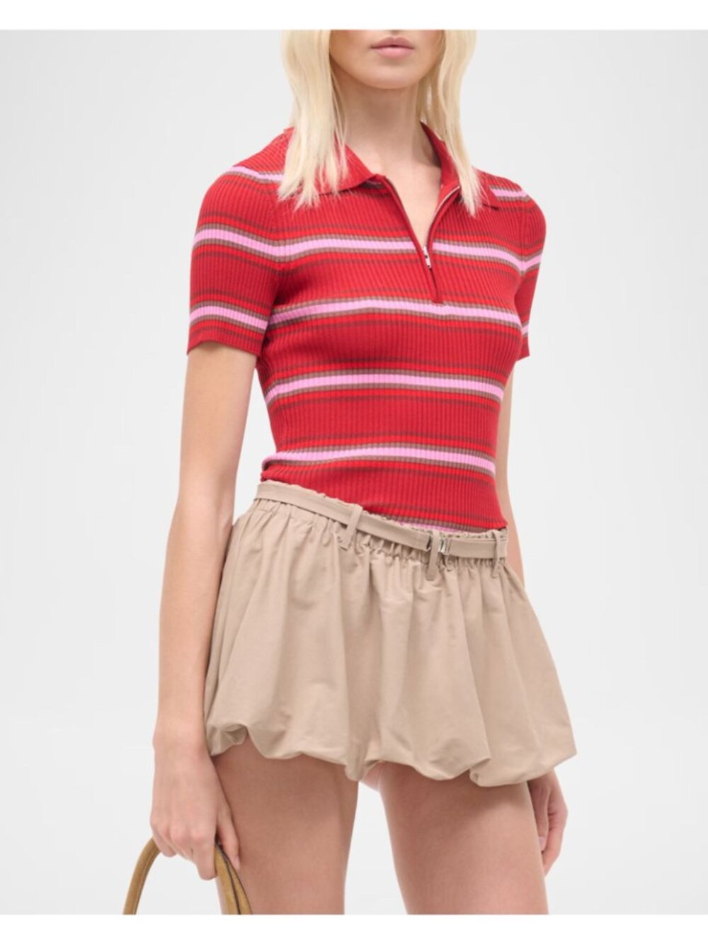 STAUD Ren Ribbed Polo Red White XS NWT Zip Front Stripe Knit Top - Picture 4 of 5